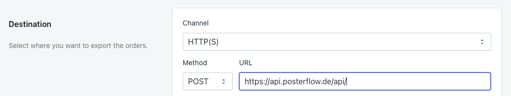 HTTP target URL set to https://api.posterflow.de/api/